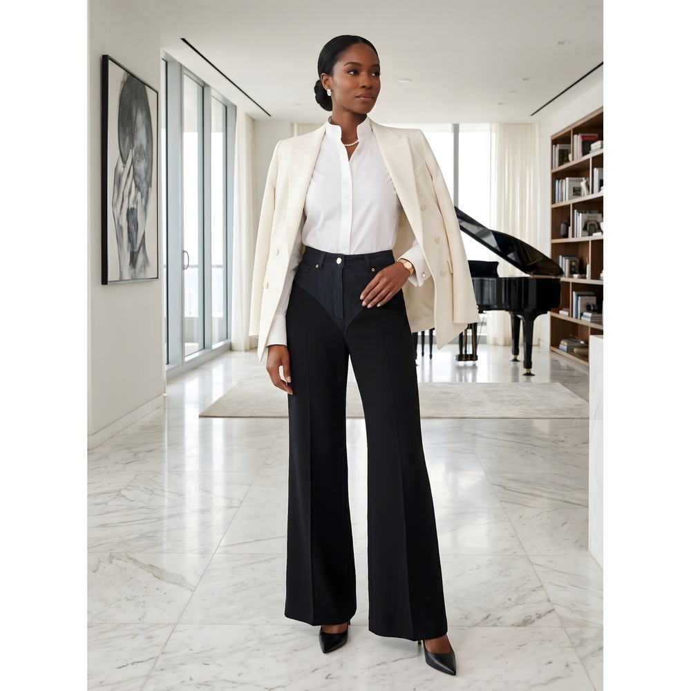 Nathalie Chaize Mixed Media Denim Wool Blend Wide Leg Trousers Black Blue Size 8